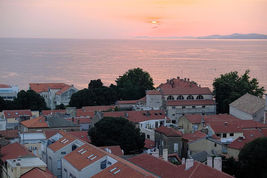 solnedgång, zadar, kroatien, hav, Sol, solljus, stad, kust, havet, byggnader, gammal stad