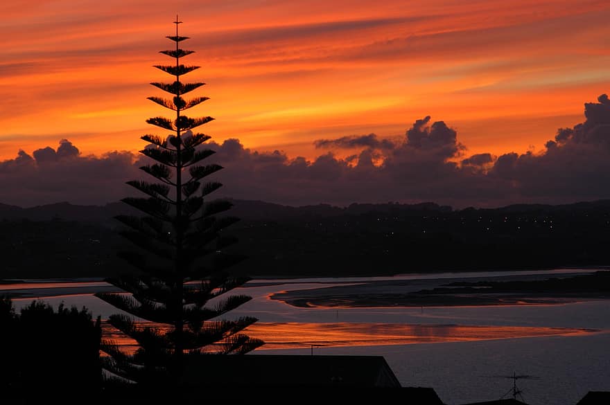 cahaya, auckland, Selandia Baru, jalan hadfield, pada malam hari, pantai, pemandangan, senja, awan, matahari terbenam, warna