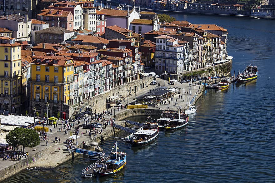 タウン、旅行、観光、シティ、ヨーロッパ、港、ポルトガル、ドック、ボート