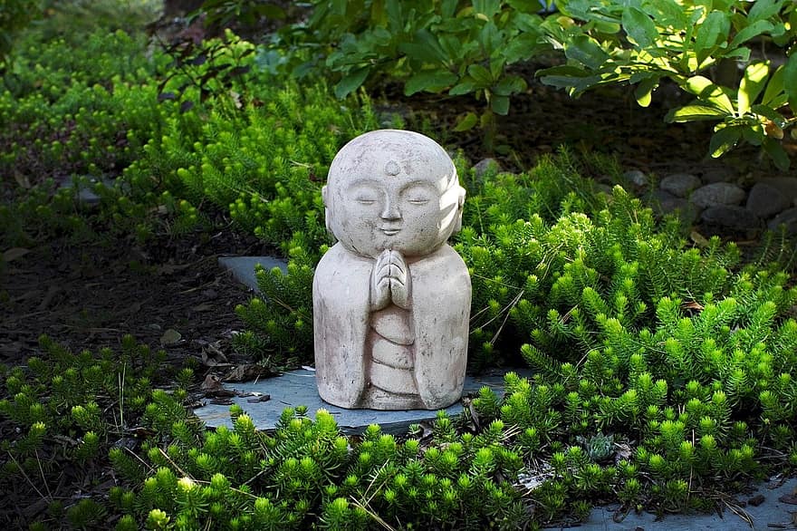 Budda, giardino zen, buddismo, erba, colore verde, scultura, statua, religione, decorazione, piccolo, foglia