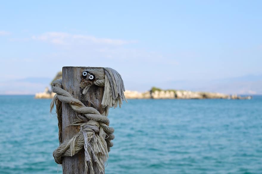 пост, въже, море, дървен пост, дърво, крайбрежие, Корфу, Гърция
