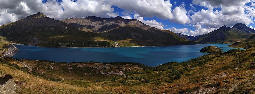 lago, Alpes, natureza, agua, Lago Moncenisio, panorama, montanhas, cadeia de montanhas, alpino, relevo, céu nublado