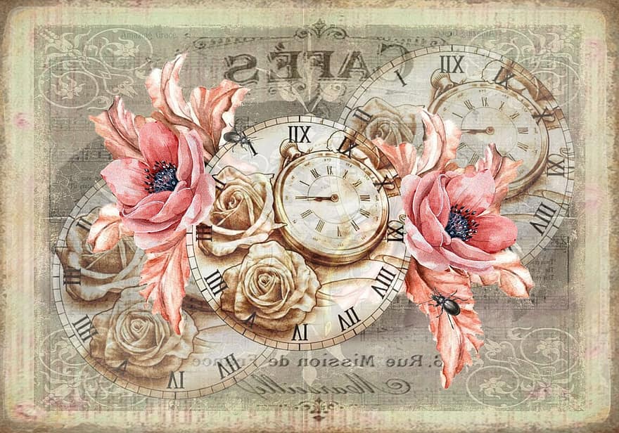 reloj, vendimia, flor, diseño, dibujo, fondo, hora, antiguo, anticuado, ilustración, papel