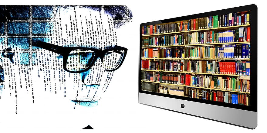 biblioteca, Garoto, homem, aprender, binário, nulo, 1, eletrônico, ebook, e-book, livro e