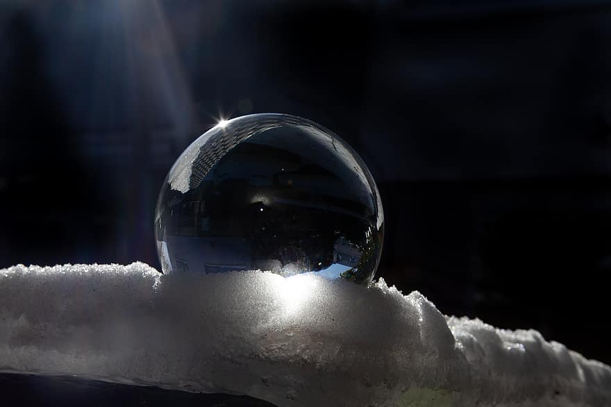 lensball, зима, сняг, размисъл, стъклена топка, кристална топка, студ, лед, скреж, светлина, слънчева светлина