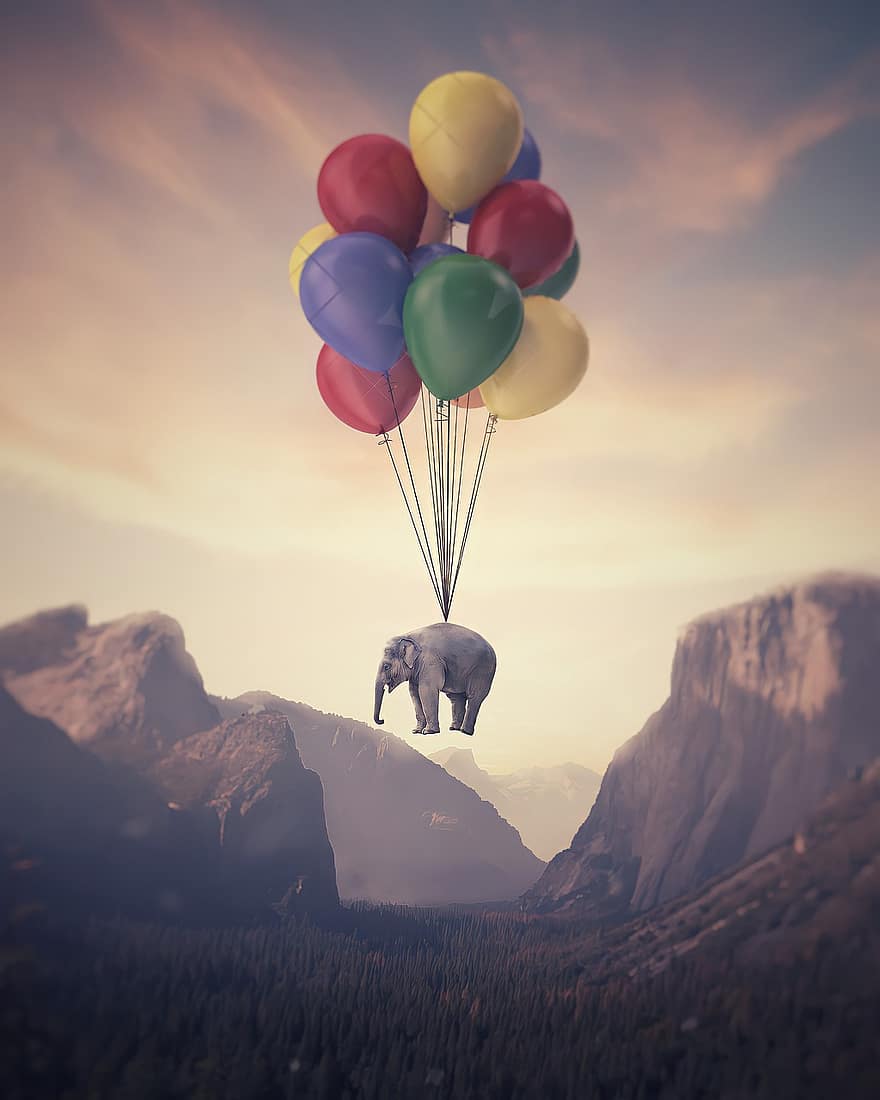 elefante, globos, manipulación de foto, montañas, campo, animal, flotante, volador, mundo de sueños, fantasía, surrealista
