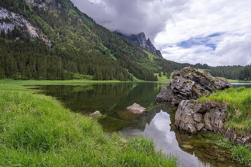 Voralpsee, montañas, lago, naturaleza, paisaje, alpino, agua, Suiza, Bergsee, St Gallen, agarra