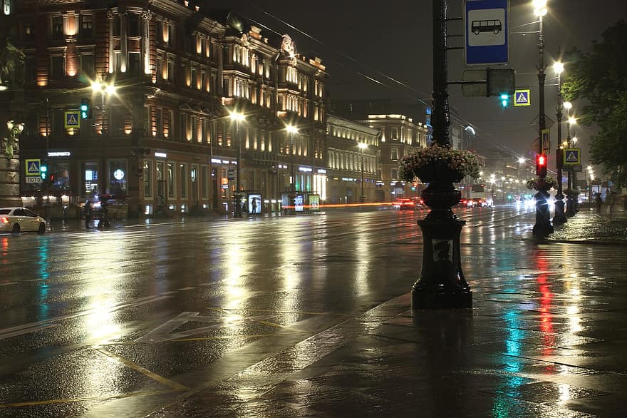 Rusland, natlys, gade, by, Sankt Petersborg, vej, nat, aften