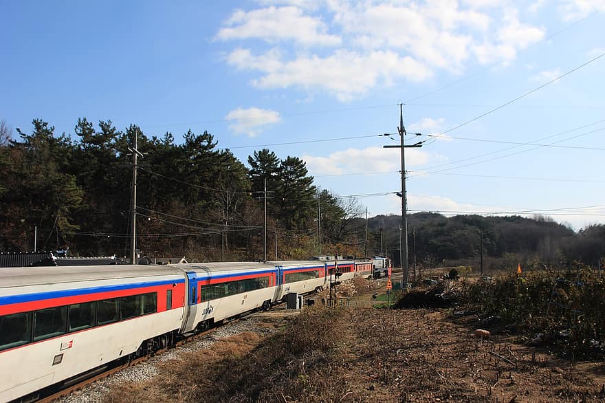 trein, hoogspanningsmast, verkeer, het spoor, spoorweg, trainer, Korea, Republiek Korea, Mugunghwa-meer