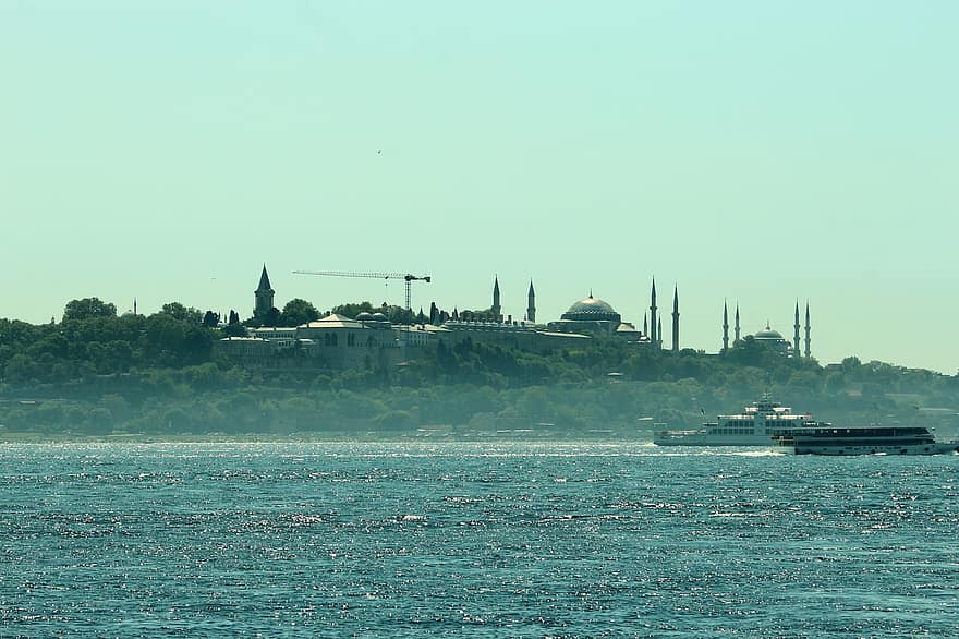 moře, loď, Bospor, paláce topkapi, slavné místo, náboženství, minaret, architektura, voda, cestovat, kultur