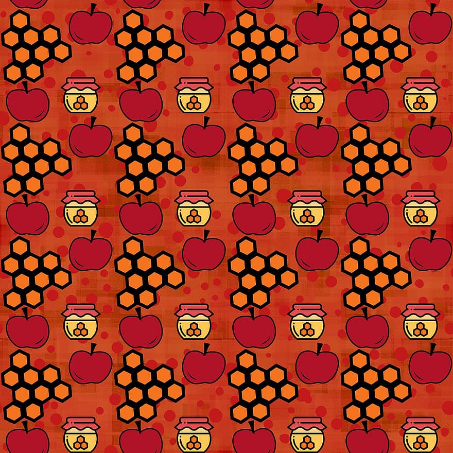 Äpfel, Bienenwabe, Muster, nahtlos, Früchte, rote Äpfel, Honig, Süss, Krug, Rosch Haschana, rosh hashanah