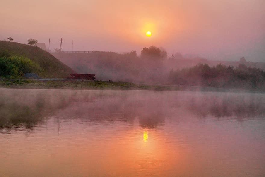 朝、霧、川、シベリア、日の出、反射、太陽、ロシア、チュリム語、ビーチ、山岳