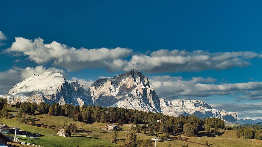 montanhas, dolomites, aldeia, campo, alm, Tirol do Sul, Itália, natureza, panorama, rural, arvores
