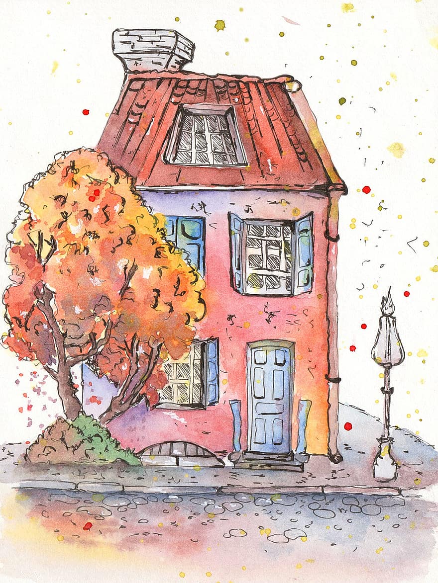 huis, weg, bladeren, gebouw, straat, herfst, stedelijk, gebladerte, bewolkt, spotprent, tekening