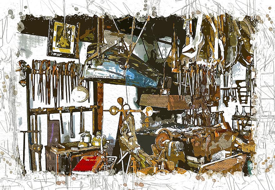 kalējs, darbnīca, rīkus, veidot, apakšpusē, kaltas dzelzs, Black Smithing, antikvariāts, senais, vecs