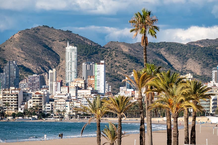 strand, palmbomen, horizon, stadsgezicht, benidorm, Spanje, stad, architectuur, wolkenkrabbers, reizen, bestemming