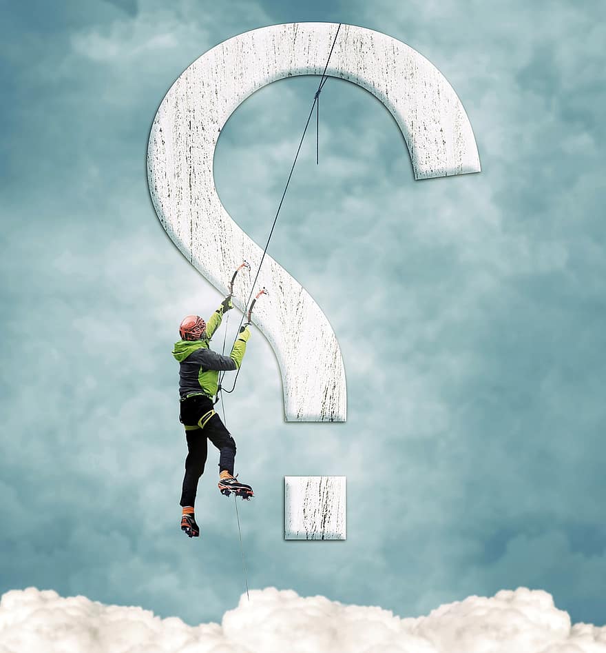 Question, Ice, Man, Climb, Ask, Clouds