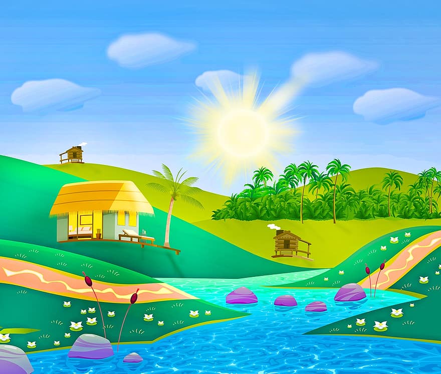 тропически курорт, хижи, езеро, река, слънце, палми, зелен, ваканция, празник, остров, тропически