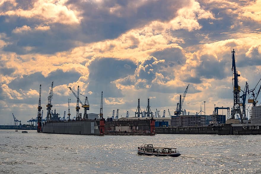 Port, Cranes, Boats, Ocean, Shipping, Water, Hamburg, Loading Cranes, Sky