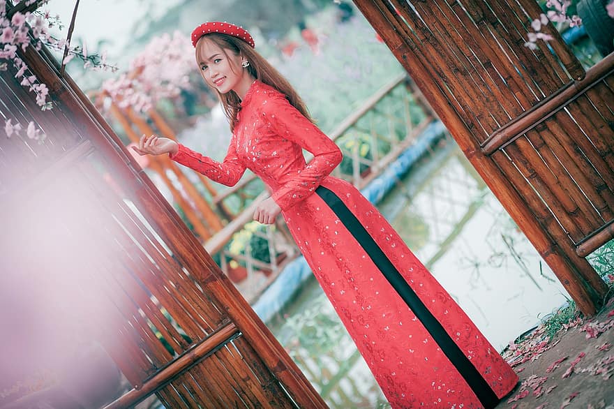 vrouw, oa dai, perzik bloesem, Vietnamees, Aziatisch, mode, model-, meisje, mooi, Rode Ao Dai, lange jurk
