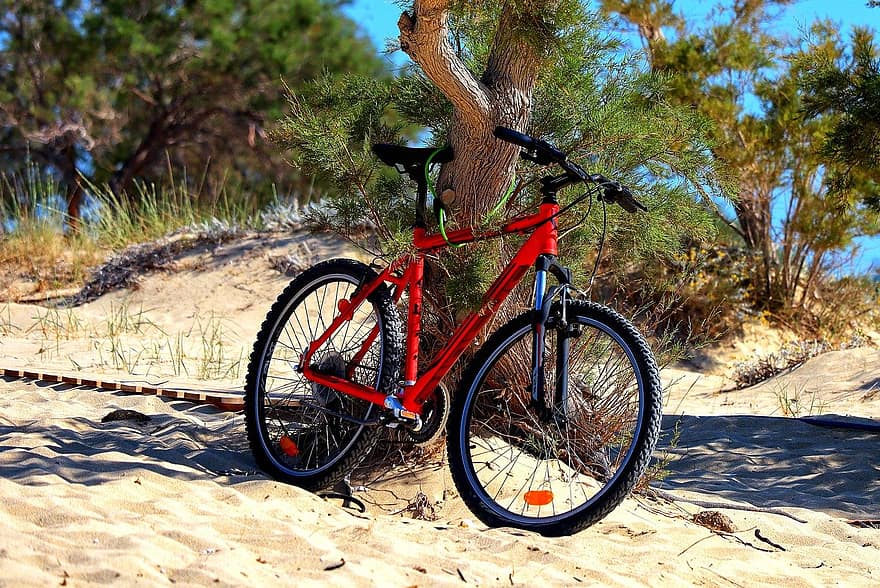 bicicleta, bicicleta de montanha, Esportes, bicicleta esportiva, Bicicleta de montanha vermelha, areia, esporte, verão, ciclismo, aventura, ciclo