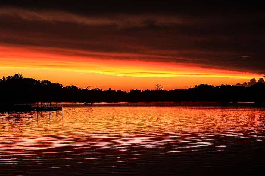 puesta de sol, lago, silueta, agua, naturaleza, paisaje, noche, cielo naranja, escénico, oscuridad