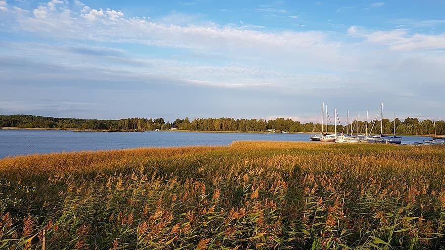 panorama, por do sol, barco, golfe, nuvens, Finlândia, céu, outono, cenário, agua, litoral