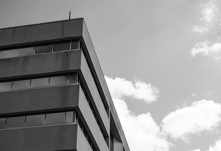 Building Exterior, Building, Facade, Architecture, Black And White, Wallpaper, Windows, Clouds, Glass Windows, City, Exterior