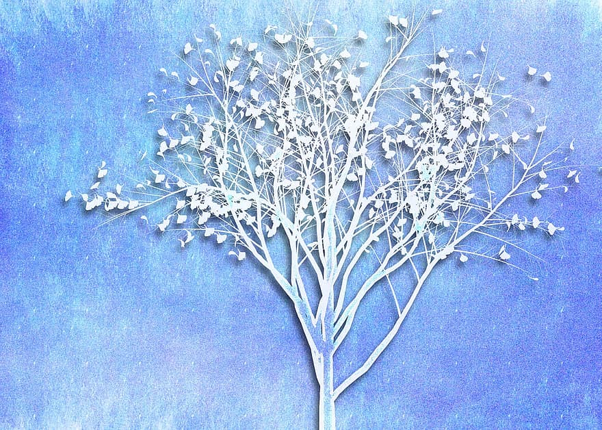 árvore, azul, branco, natureza, inverno, desenhar, cartão