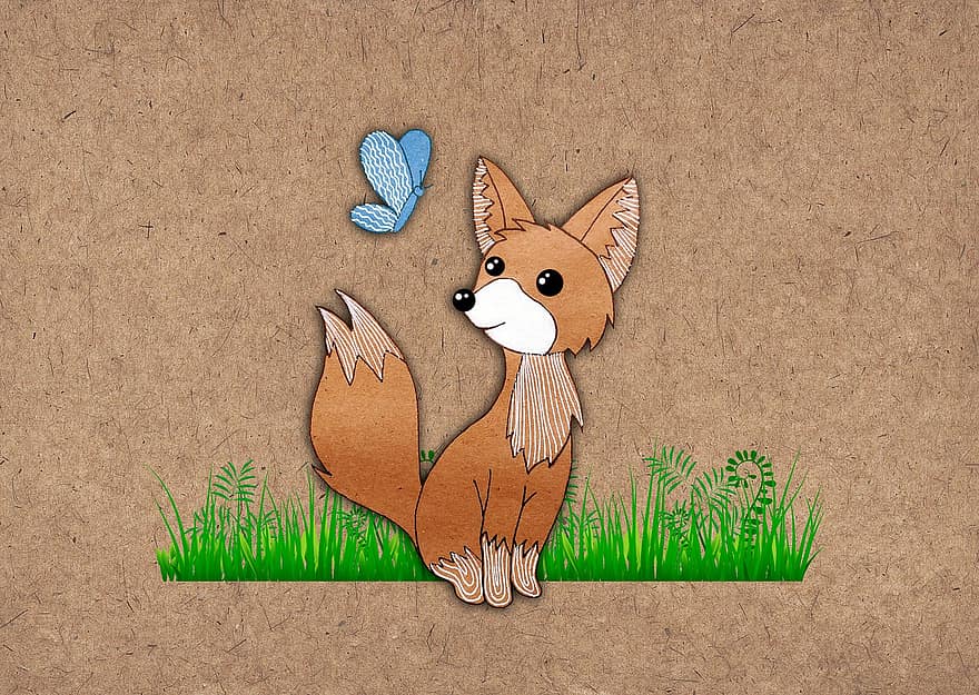 Doo, Butterfly, Grass, Figure, Mammal, Insect, Cute Animals, Animal Illustrations, Nature, Fox, For Children