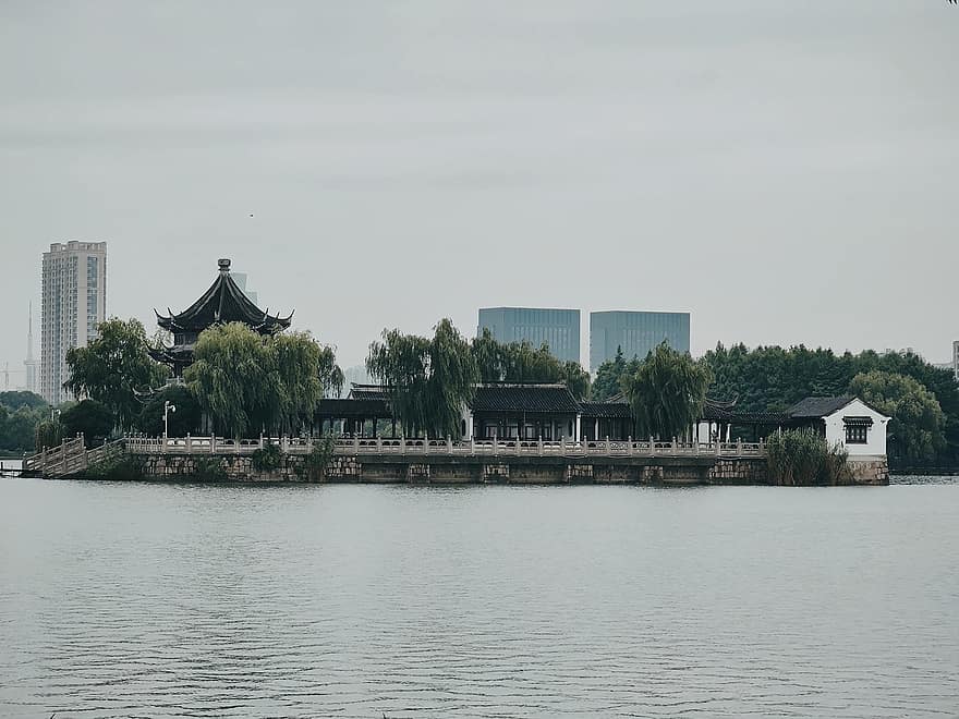 jezioro, Miasto, stare budowle, starożytne budowle, Budynki, pawilon, pagoda