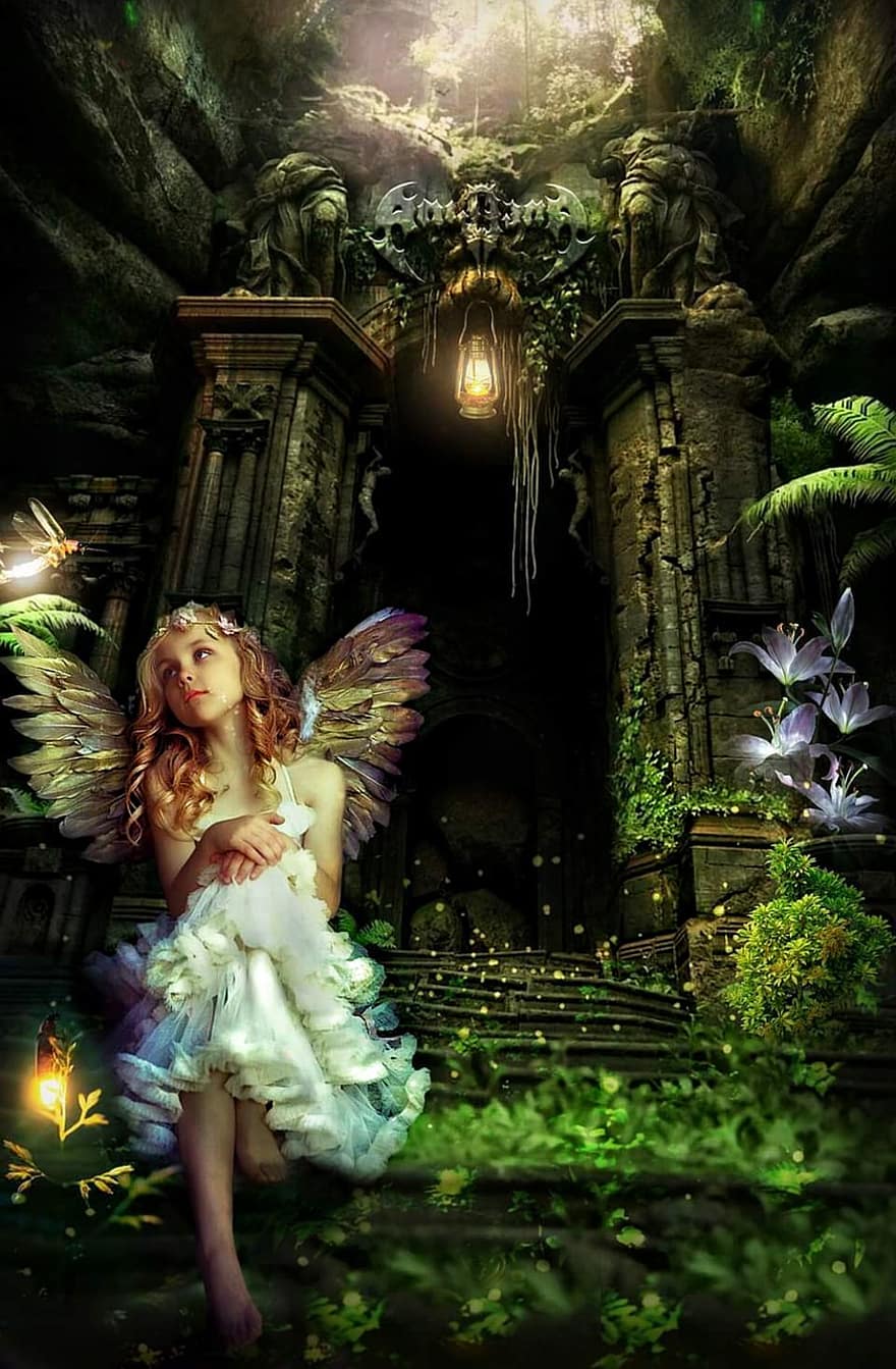 mergina, angelas, sparnai, miškas, sėdi, pastatas, augalai