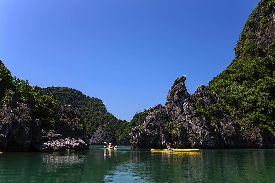 kayac, mar, bahía, viaje, turismo, la bahía de Halong, Vietnam, Halong, agua, verano, azul