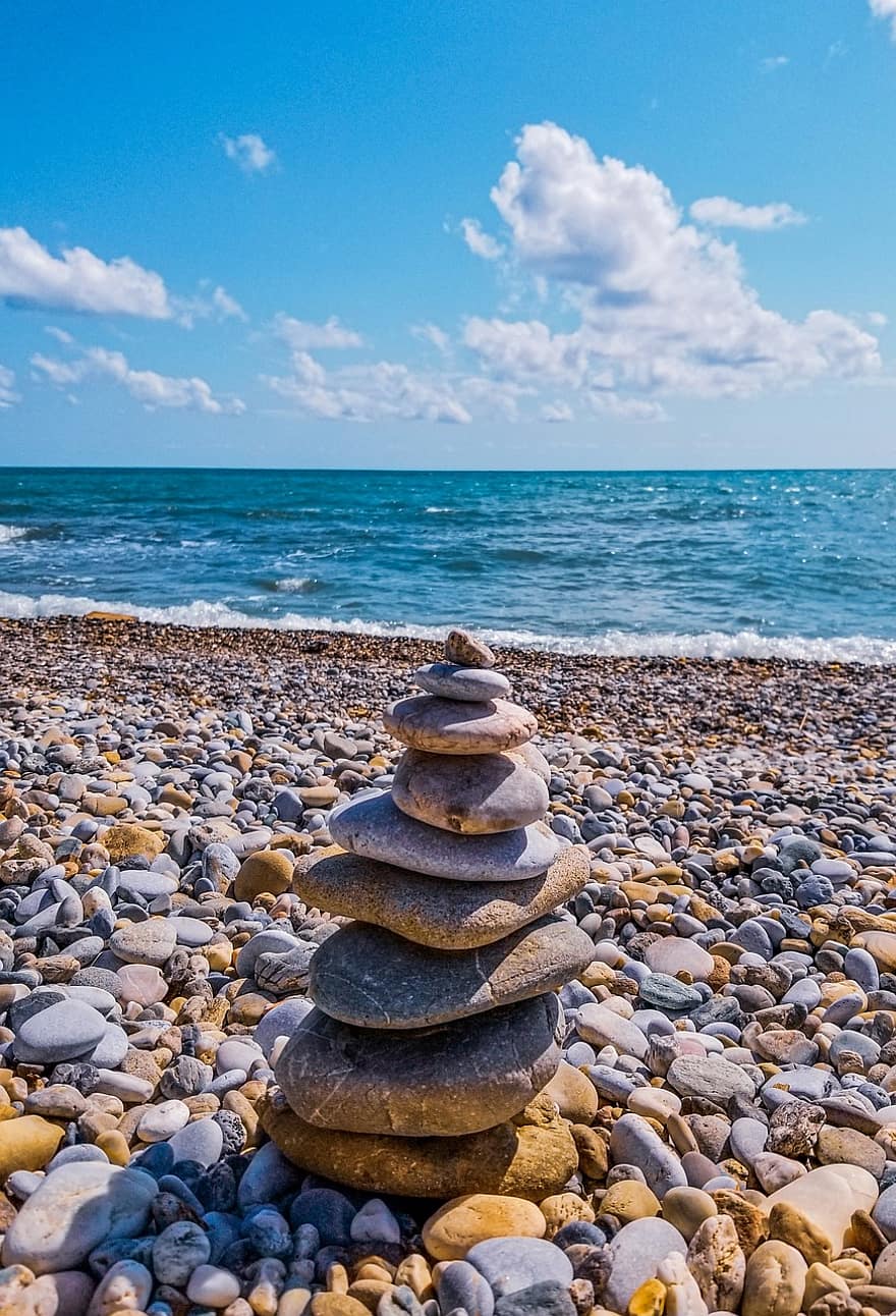 cairn, rochas, de praia, pilha, pedras, equilibrar, costa, Beira Mar, mar, oceano, panorama