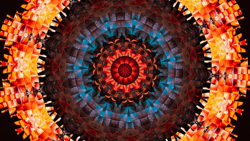 kaleidoskop, mandala, abstraktní, kruhy, trojúhelníky, kostkovaný, mozaika