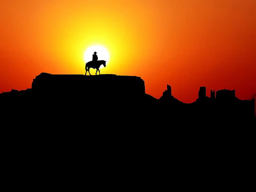 man, häst, solnedgång, bergen, svart berg