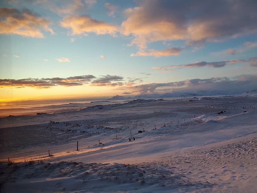 IJsland, sneeuw, zonsopkomst, ochtend-, landschap, horizon