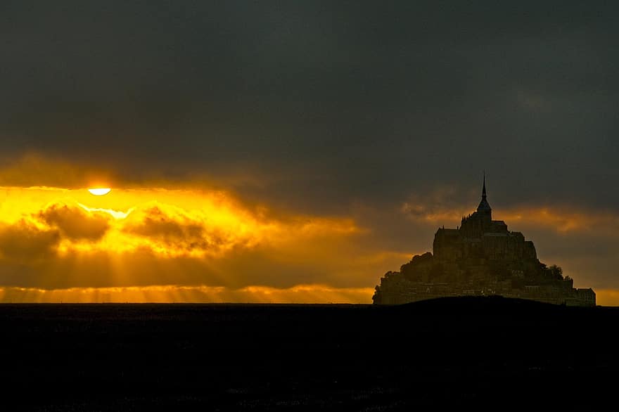 Франция, Mont Saint-Michel, заход солнца, небо, ориентир, силуэт