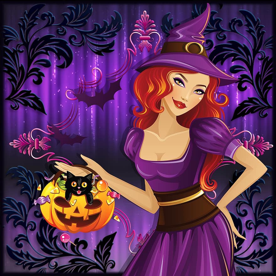 Halloween, Witch, Damask, Black Cat, Purple, Hat, Pumpkin, Candy, Woman