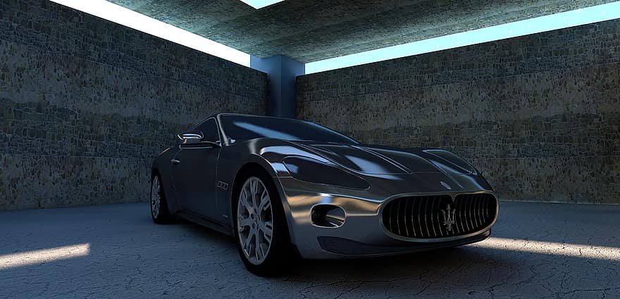 maserati, Maserati Gt, đơn sắc, xe thể thao, bạc, ô tô, viền, kim loại, tối, bóng, đại sảnh