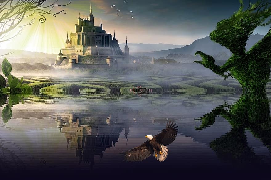 fantasia, castell, reflexió, reflexió a l'aigua