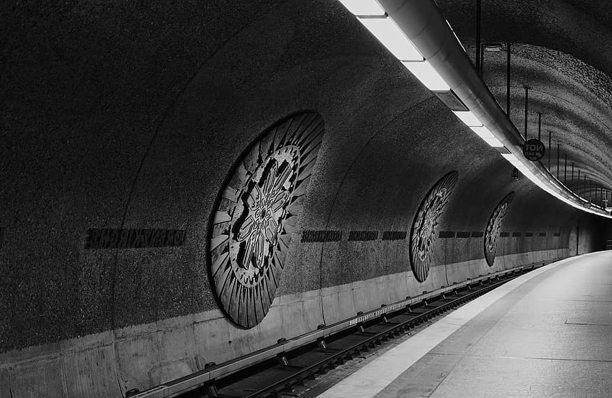 ondergronds, metro, station, vervoer-, stedelijk, monochroom