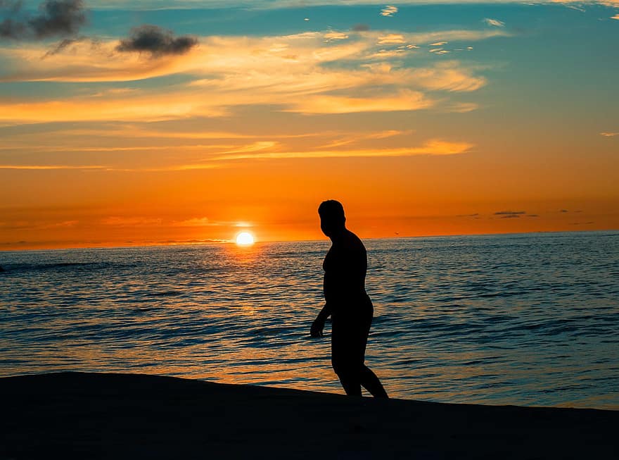 posta de sol, platja, silueta, home, Costa, onada, mar, aigua, naturalesa, sol, llum solar