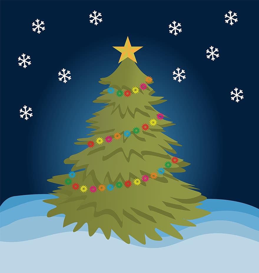 juletræ, baggrund, vinter, sne, snefnug, ferie, nytårsaften, jul, ornament, fest, desktop baggrund