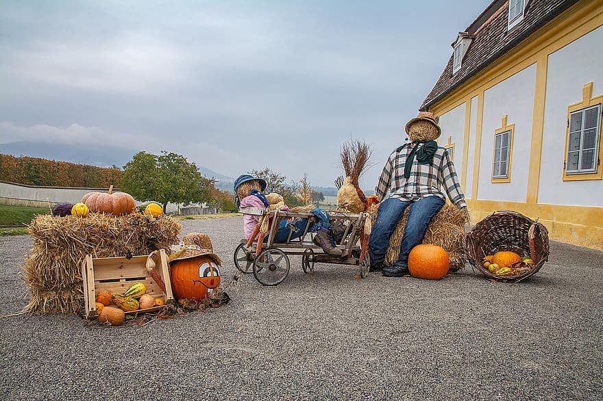 Pumpkin, Fall, Castle Courtyard, Cart, Exhibition, Nature, autumn, agriculture, cultures, harvesting, farm