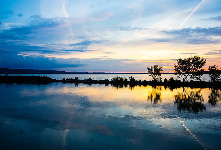 Lacul Balaton, lac, apă, siluetă, cer albastru, nor cer, apus de soare, răsărit, amurg, natură, Ungaria