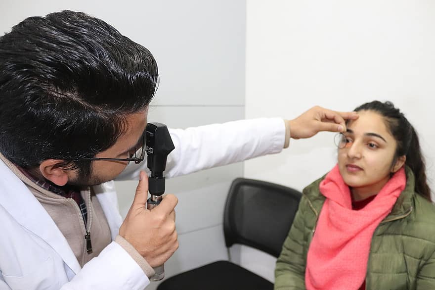 網膜鏡検査、目、調べる、医師、検眼医、屈折、検眼、近視、レンズ、光学の、視力