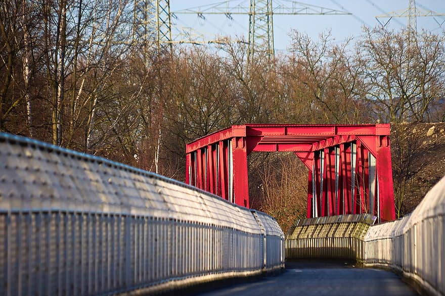 tiltas, infrastruktūra, ruhr plotas, architektūra, geležinkelio linija, šiaurės rhine westphalia, Regioninis dviračių takas, gelsenkirchenas, plieno, ruduo, vanduo