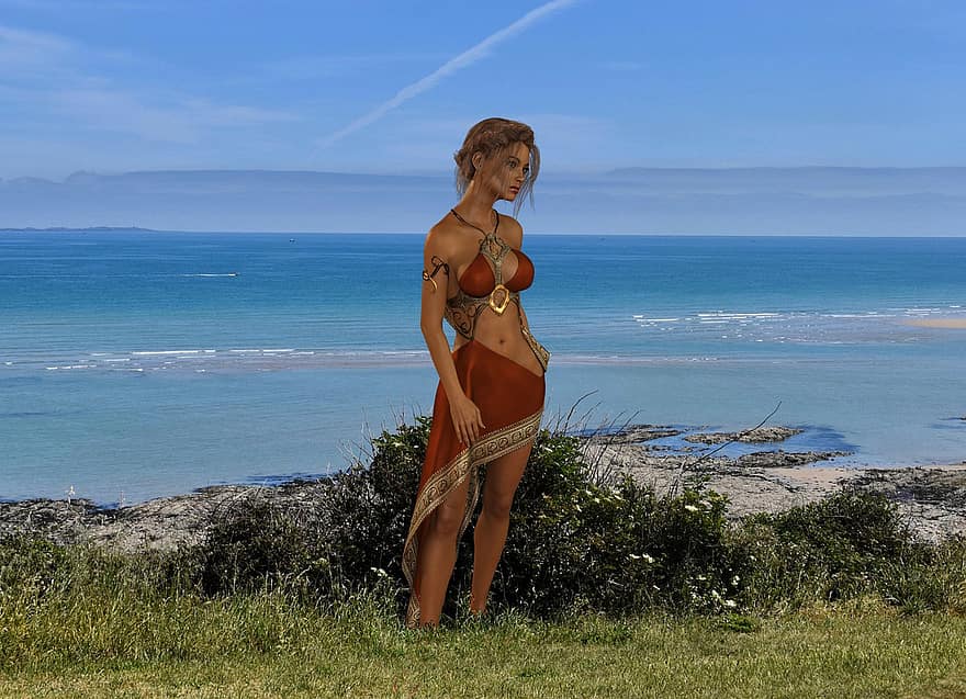 фон, океан, пляж, женщина, фантастика, женский пол, персонаж, цифровое искусство