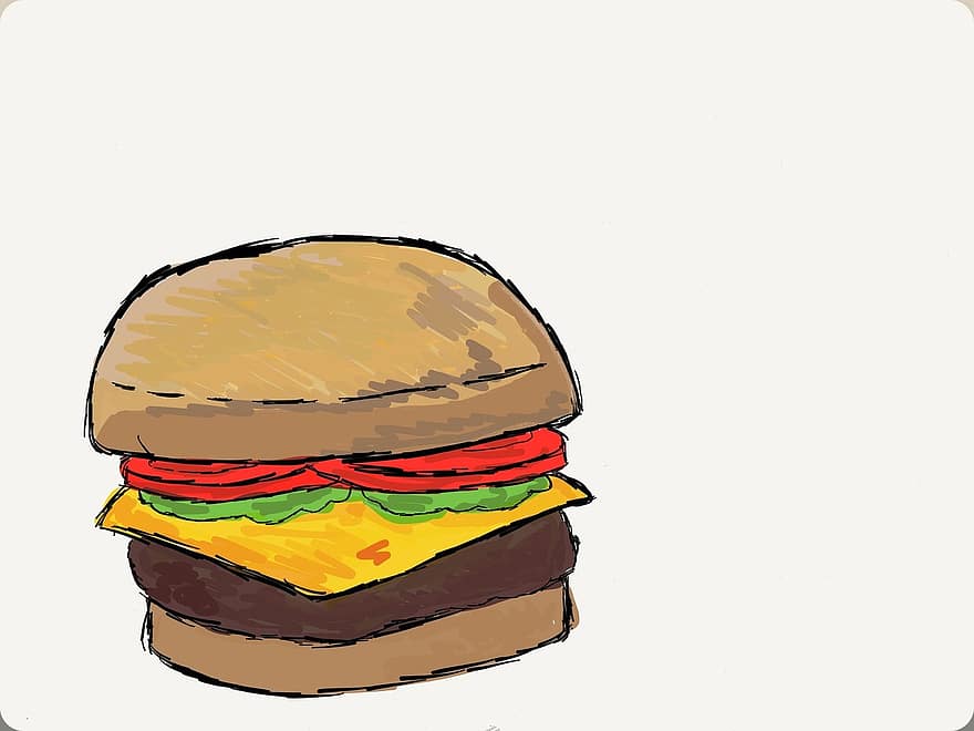 burger, Bobs hamburgare, kalorier, ritning, middag, äta, snabb, mat, oljig, hamburgare, ohälsosam